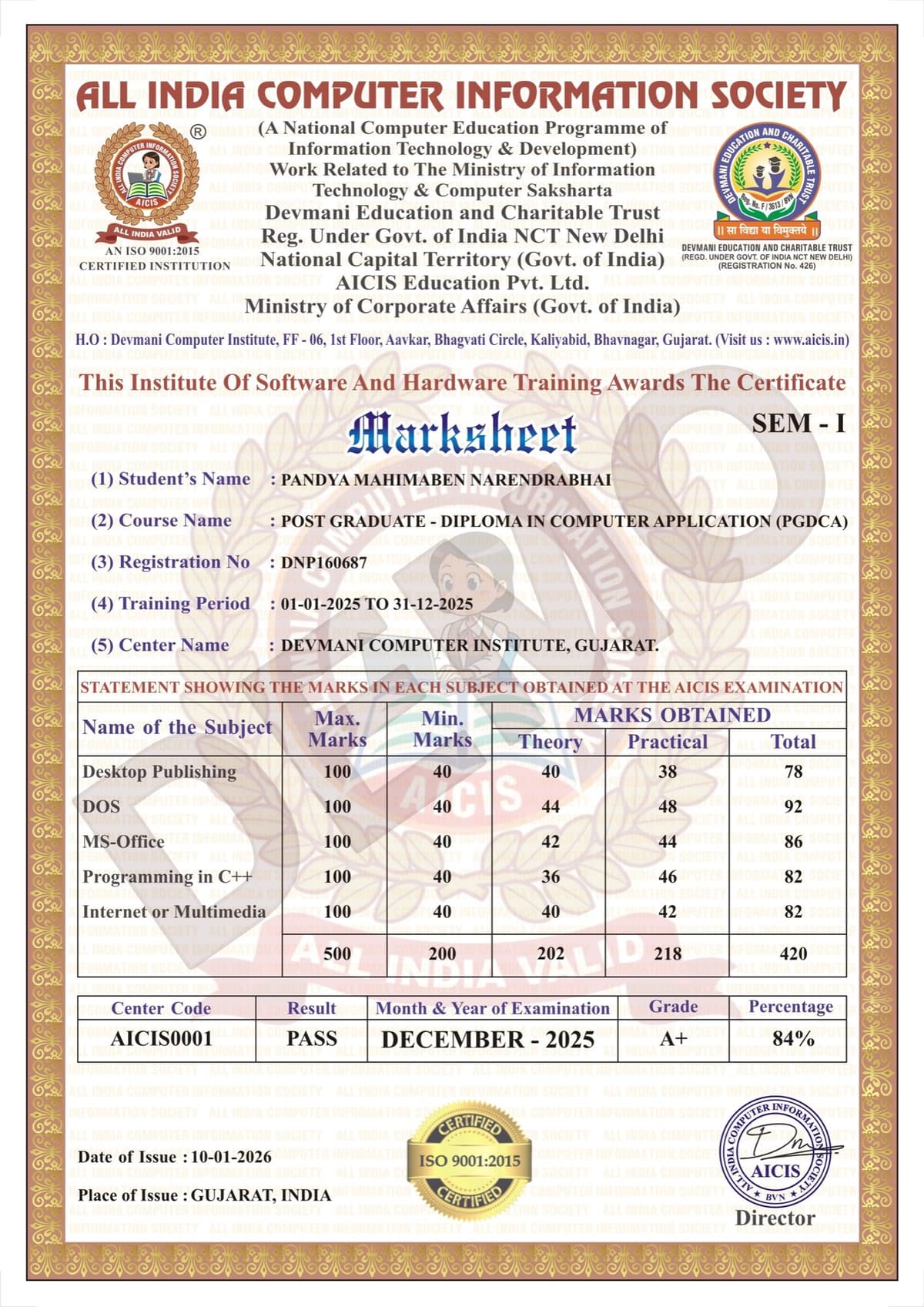 PGDCA Marksheet - Semester 1
